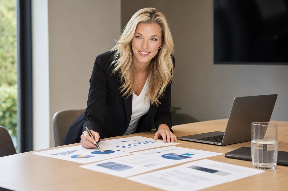 Nicole Junkerman reviewing business charts at a meeting table