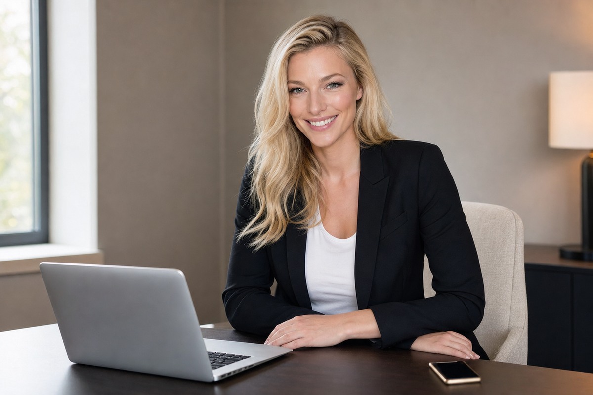 Nicole Junkerman seated at a tidy desk with a laptop and phone