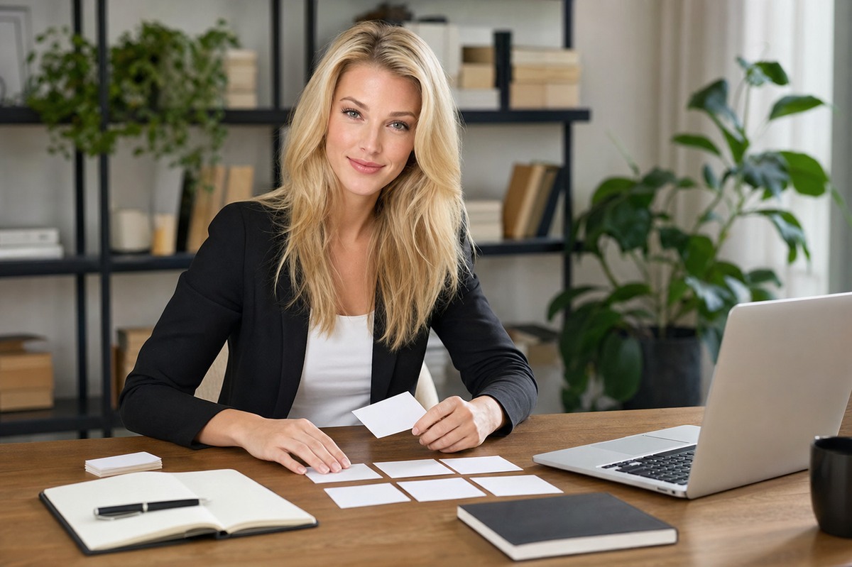 Nicole Junkerman arranging note cards at a desk in a study lined with shelves