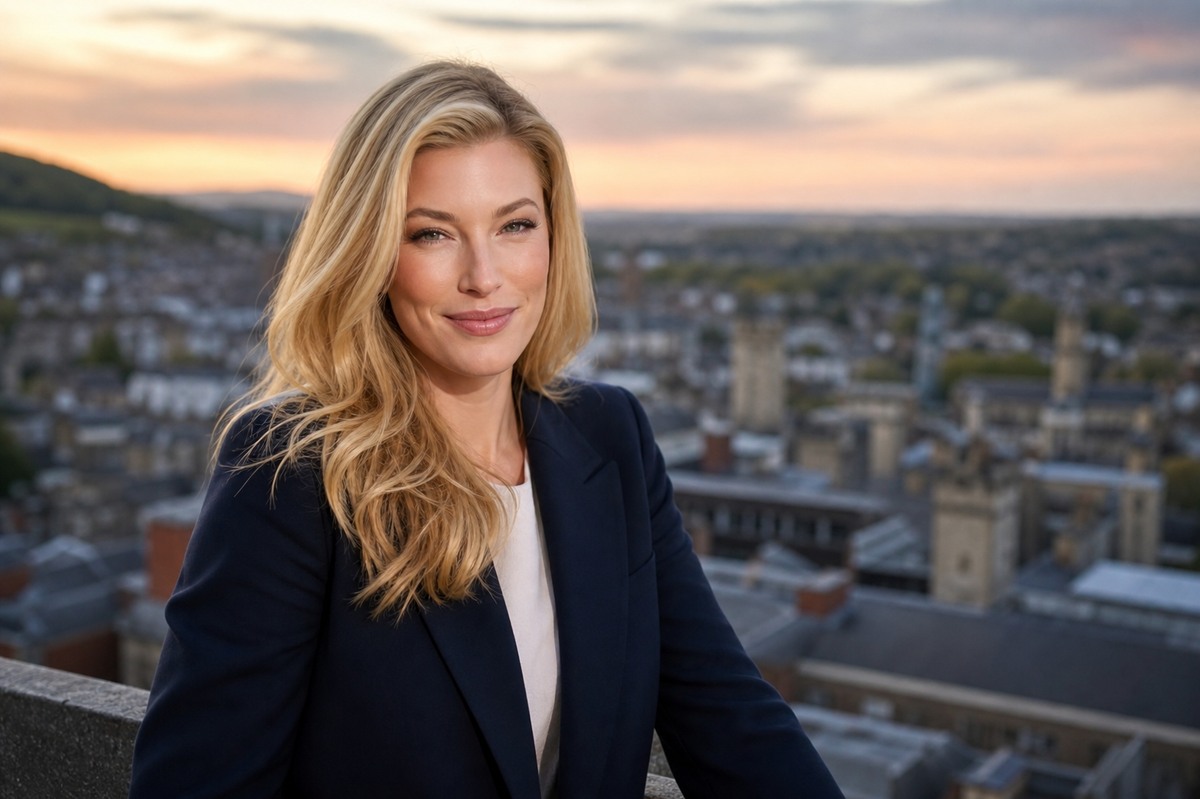 Nicole Junkerman above the rooftops of Lancaster at dusk