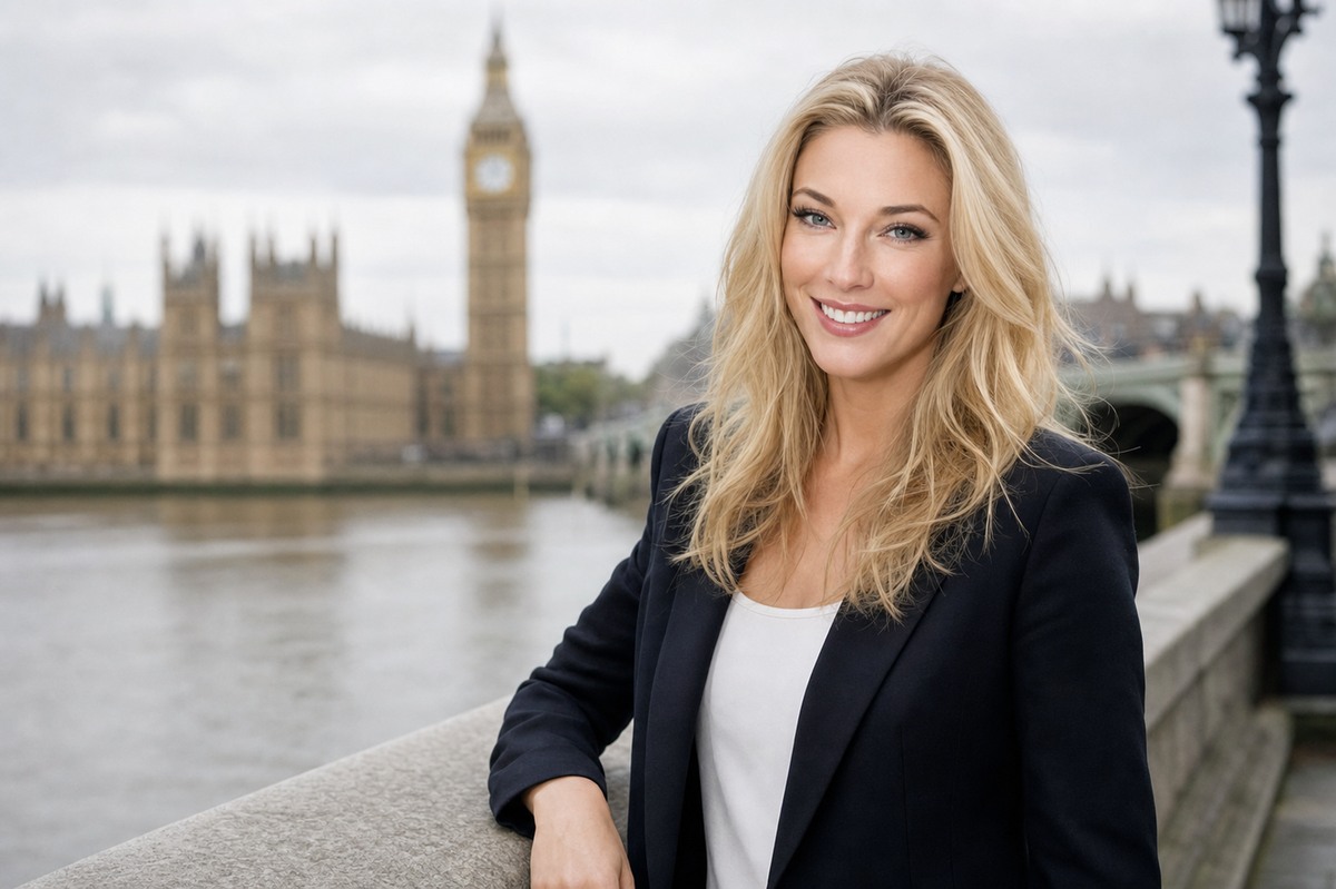 Nicole Junkerman on a London riverside walkway with Westminster behind