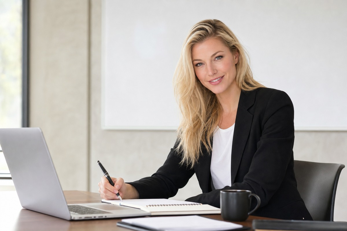 Nicole Junkerman discussing work and skills with a colleague at a bright desk
